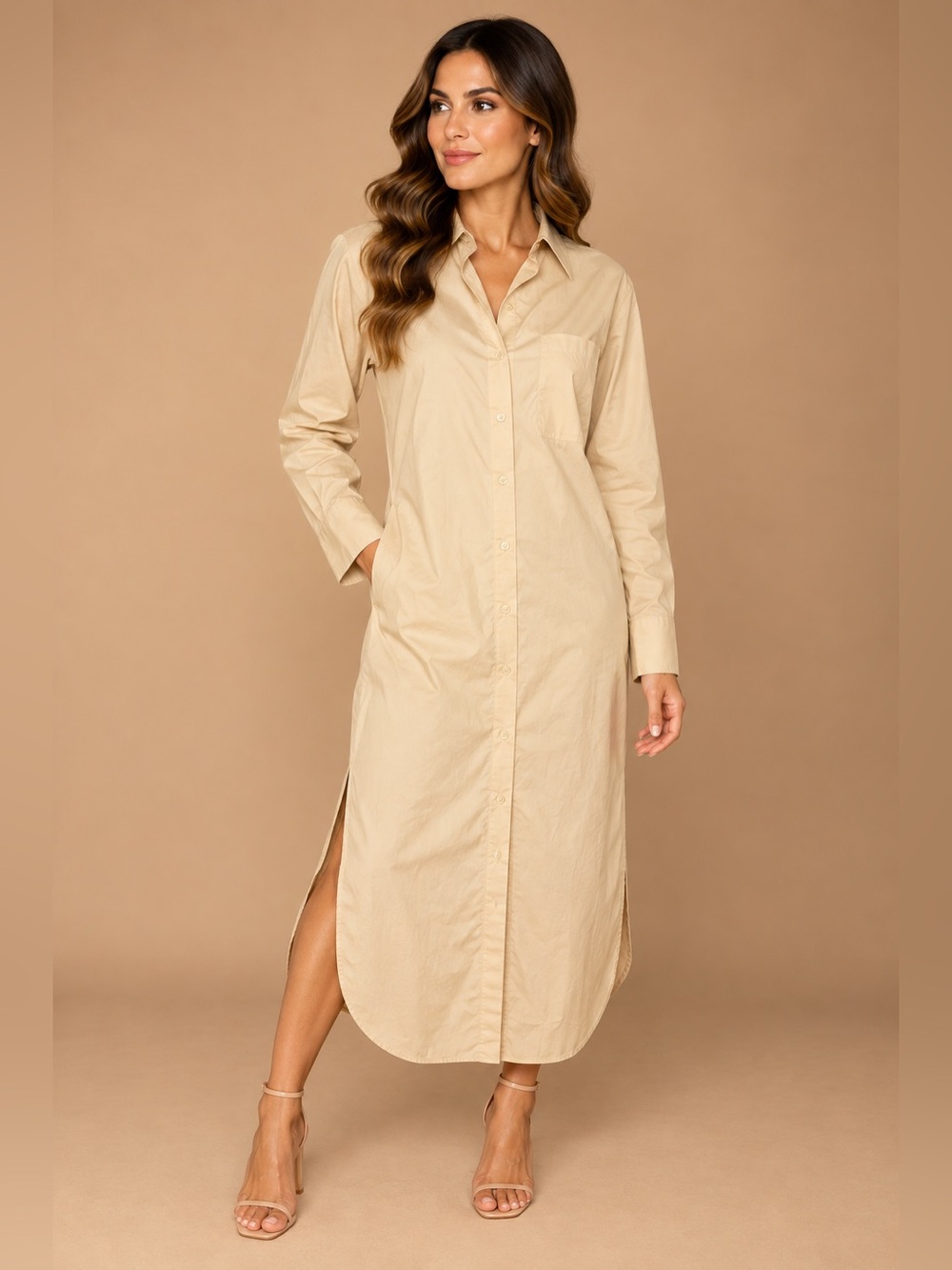 Frankie Shop Beige Long-Sleeve Button-Front Shirt Dress